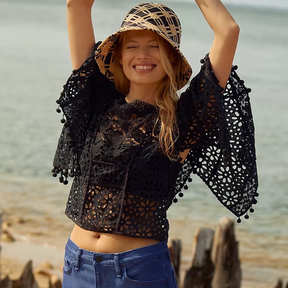 Anthropologie Black Eyelet Lace Cropped Blouse - Picture 4 of 15